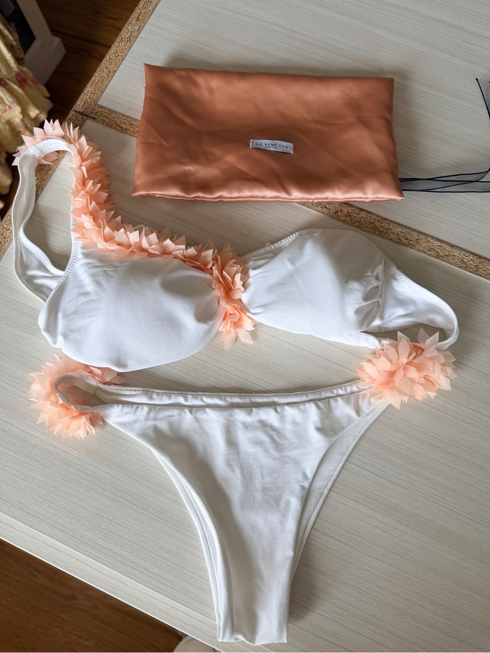 White Floral Trim Bikini Set with Peach Accents